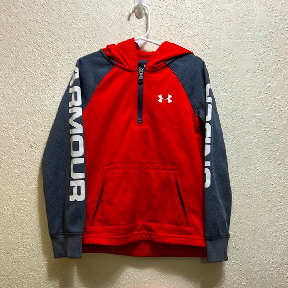 Under Armour Boys Quarter Zip Hoodie Size 6 Red and Grey with White Lettering